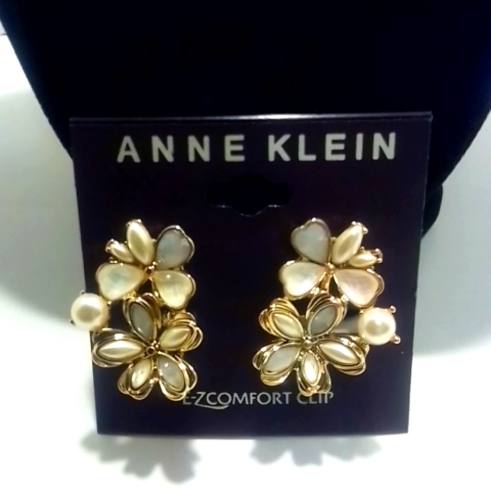 Anne Klein Gold and Pearl inlay Clip Earrings Set
